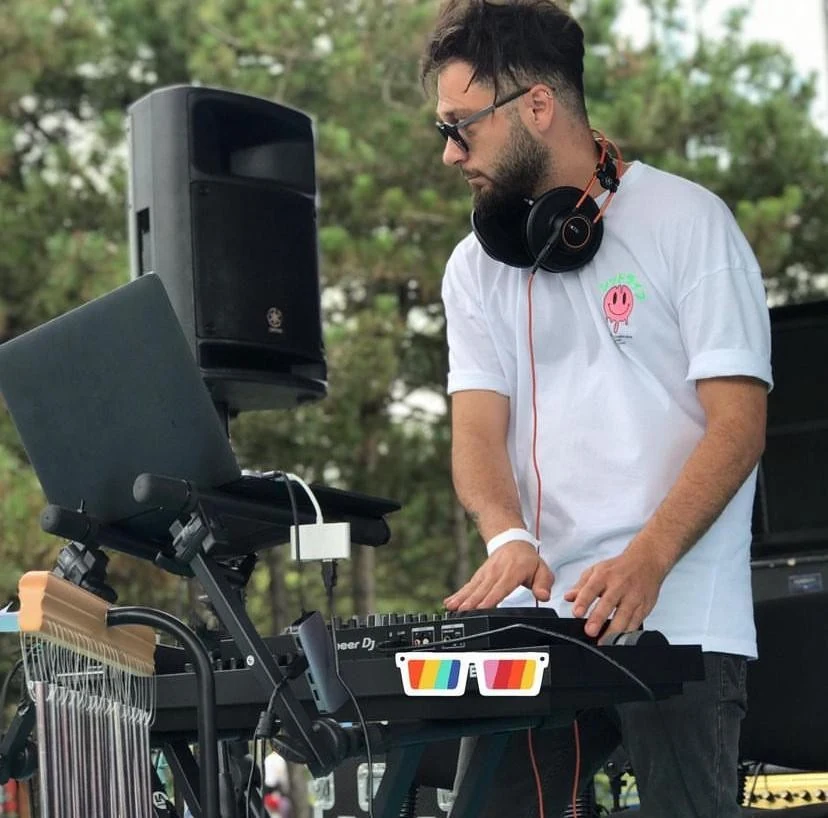 DJ setup, sound system and stage lighting